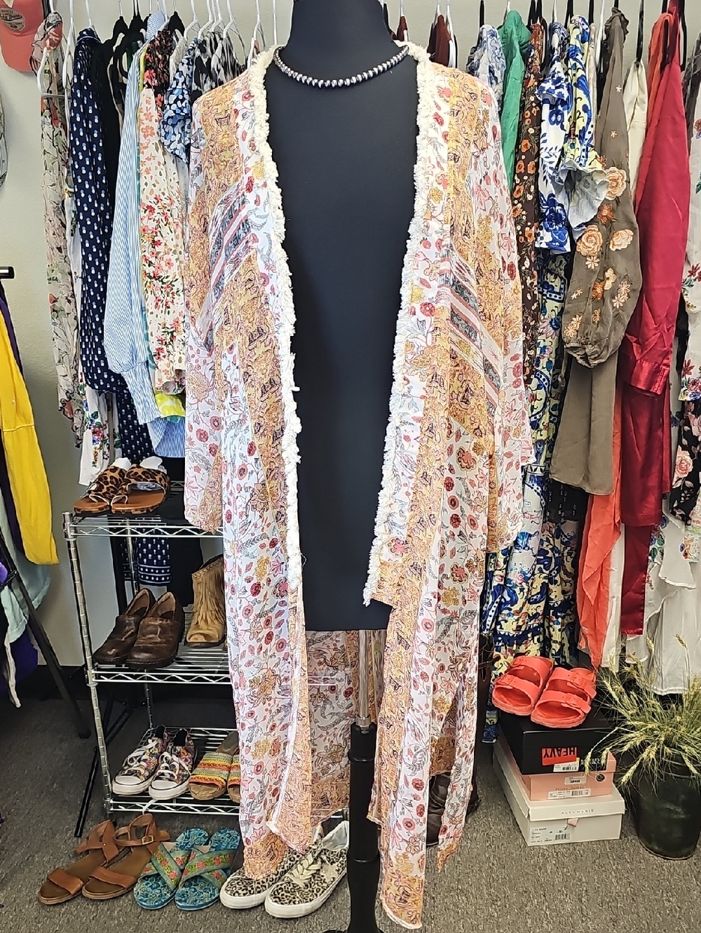 Kori Floral Fringe Kimono in White, Pink, Gold